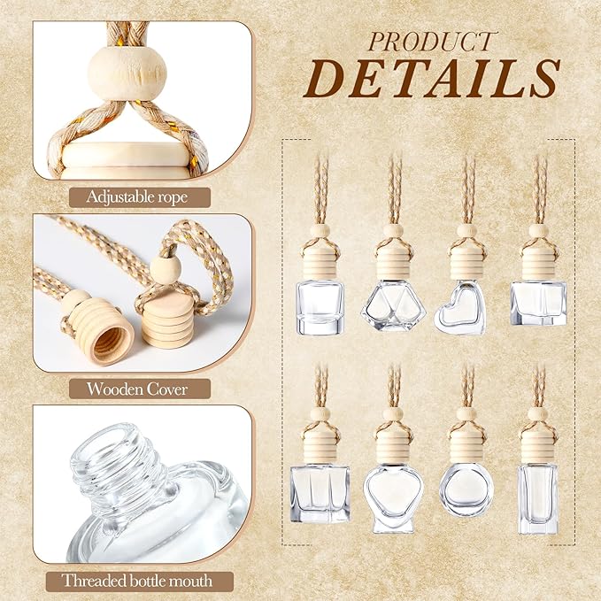BBTO 120 Pcs Hanging Car Diffuser Bottles Empty Bulk, 8 Styles Empty Glass Air Freshener Bottles with Wooden Cap for Perfume Essential Oils Fragrance Aromatherapy Ornament