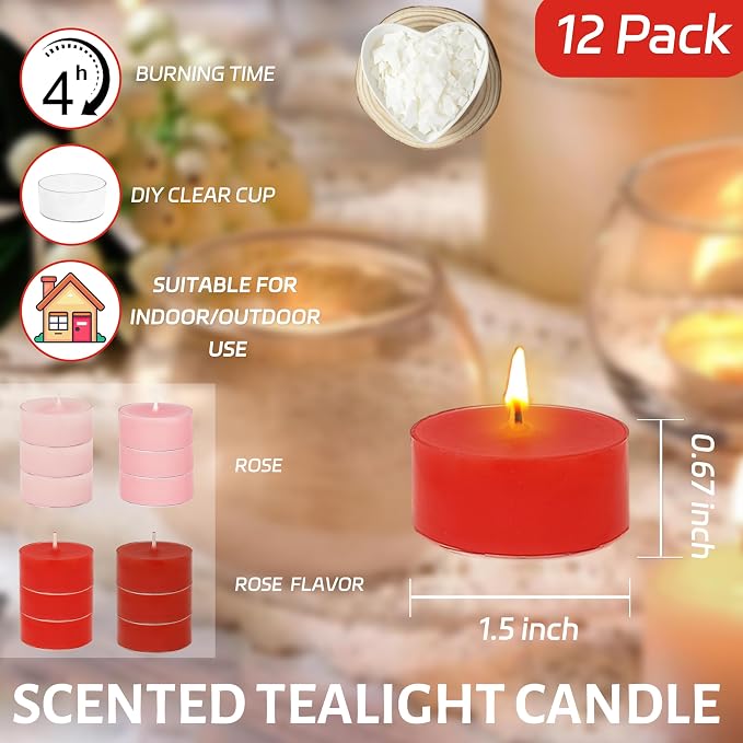 Rose Scented Tea Light Candles 12 Pack Gradient Red Hand Poured Smokeless 4 Hours Clean Burning Small Round Clear Cup Tealight Candles for Mother's Day Romantic Dinner Wedding Centerpiece Cozy Evening