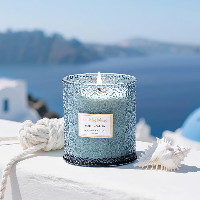 LA JOLIE MUSE Santorini Salt Air Scented Candles for Home, 19 oz Soy Wax | Large Jar Luxury Candle, Clean Natural Non-Toxic, Fresh Summer Ocean Blue Candle, Gifts for Women & Men, Wood Wick, Bergamot