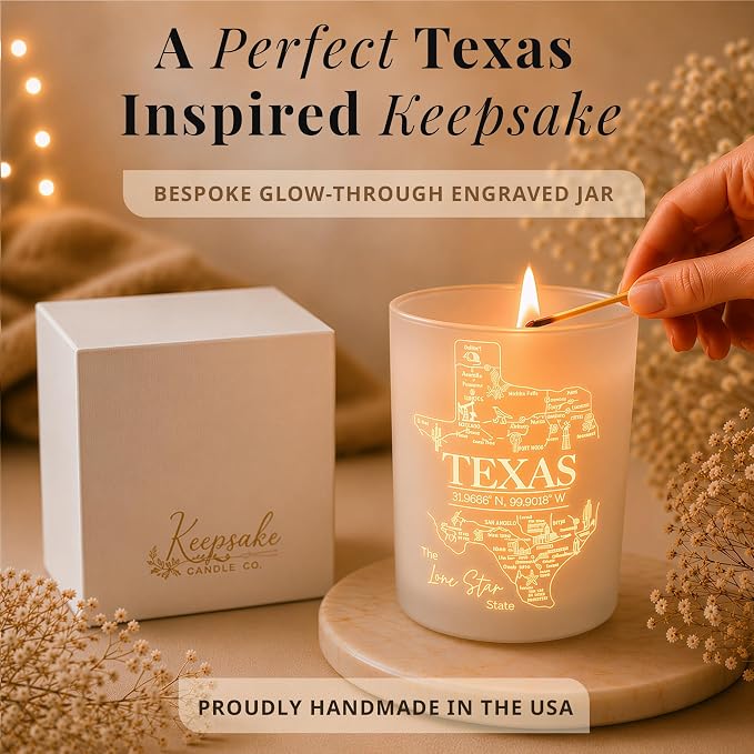Texas Gifts Glow-Through Engraved Candle w/Teakwood, Tobacco & Rich Leather I Texas Decor for Home I Texas Souvenirs I Texas State Gifts I 9oz Jar, 50Hr Burn, USA Made