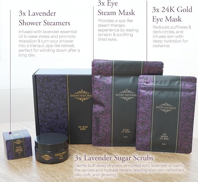 Spa Gift Set for Women – Lavender Aromatherapy Shower Steamers, Sugar Scrub, 24K Gold Eye Masks & Steam Eye Mask | Self Care & Relaxation Gift Box for Stress Relief at Home