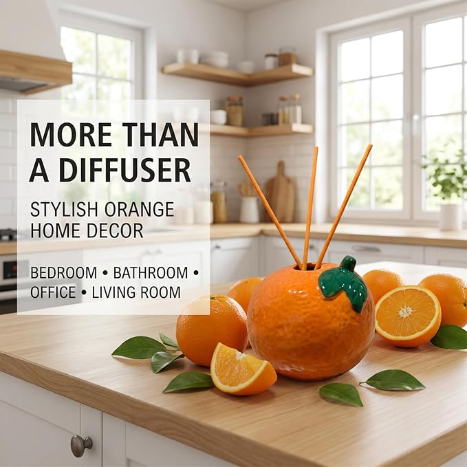 Sweet Natural Orange Scented Reed Diffuser Set – 6.76 fl oz (200ml) with Sticks, Creative Orange-Shaped Ceramic Design for Home, Bedroom & Bathroom Decor, Long Lasting Aromatherapy Gift