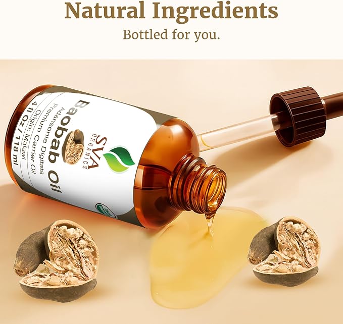 SVA Baobab Seed Oil Organic - 4 Fl Oz – 100% Natural Cold Pressed Organic Baobab Oil - for Face, Skin Care, Hair Care, Scalp Massage & Body Massage – Carrier Oil with Dropper