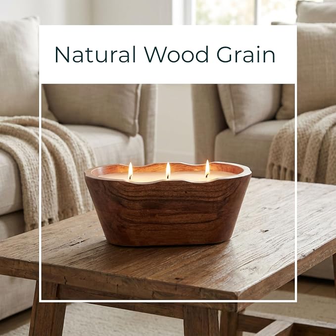 Oval Wood Bowl with Vanilla Scented Candle for Men or Women - Decorative Small Accent for Indoor and Outdoor Areas - Small Pillar or Votive Candle for Living Room, Bedroom, or Bathroom - 4", Brown