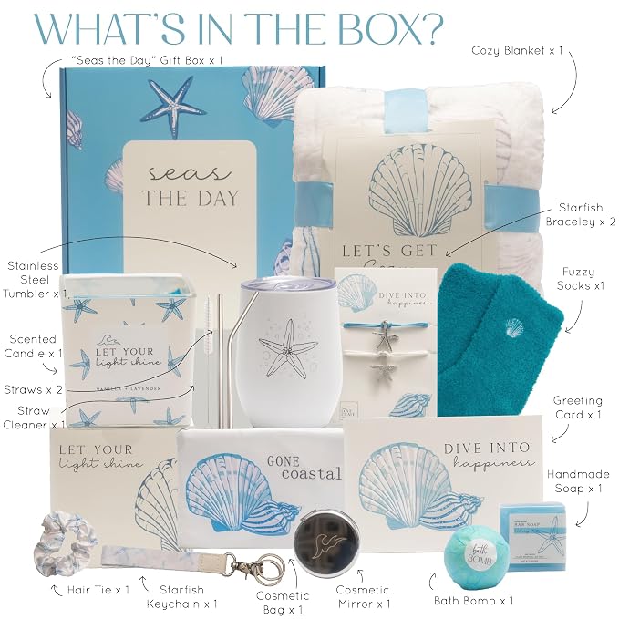 The Love Crate Co. Beach Gifts for Women, Self Care Gift Box, 15pc | Coastal-Inspired Comfort and Relaxation In One Beautifully Themed Gift