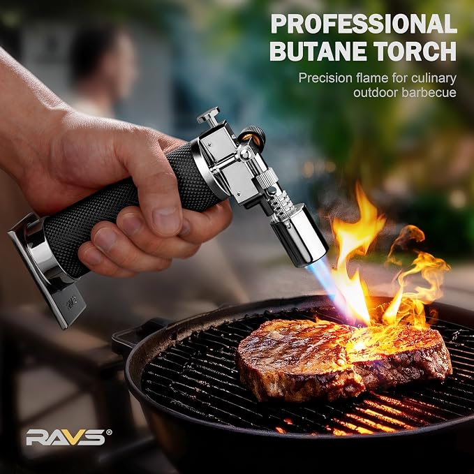 RAVS Butane Torch Lighter, Premium Metal Kitchen Torch with Adjustable Flame & Safety Buckle, Refillable Creme Brulee Torch for Baking, BBQ, DIY, Resin Art, Black, Butane Gas Not Included