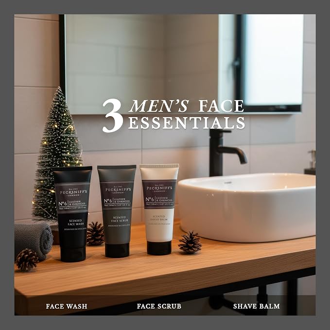 Pecksniff’s Men’s Trio Face Collection – Leather & Oakmoss – Face Wash, Scrub & Shave Balm Gift Set, 3 x 75ml