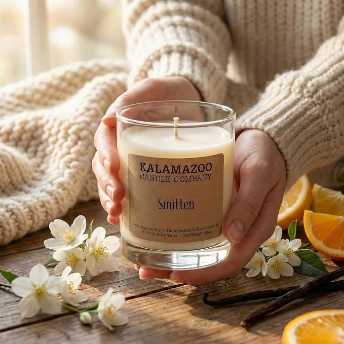 Kalamazoo Candle Company Hand-Poured Soy Wax Candle – 10oz Classic Jar, 60-80 Hour Burn Time – Made in USA, Highly Scented, Phthalate-Free (Smitten)