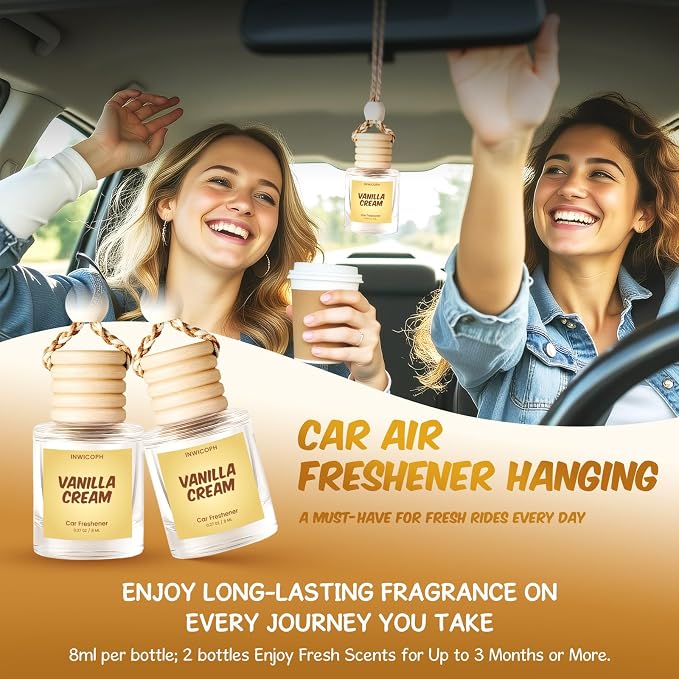 Premium Car Air Freshener Diffuser Set (2 Pack) - Vanilla Cream Fragrance Oil, 45+ Day Long-Lasting Hanging Auto Freshener