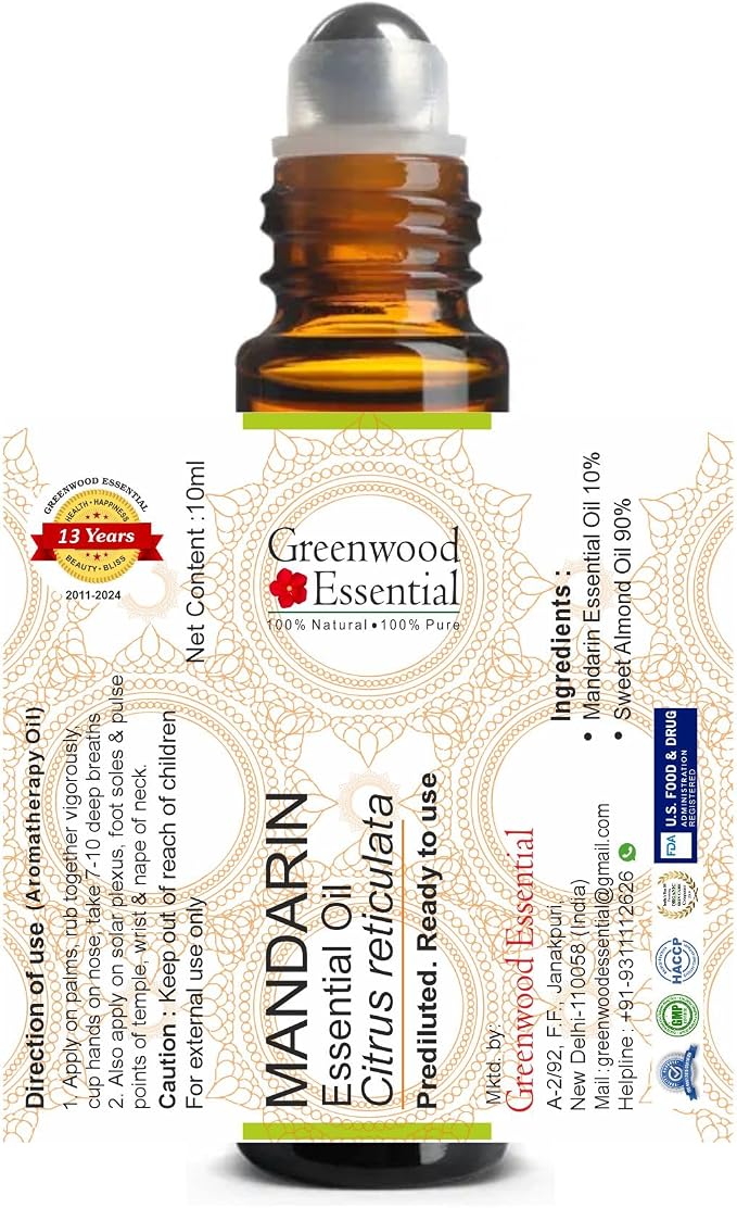 Greenwood Essential Mandarin Essential Oil (Citrus reticulata) Pre Diluted Ready to Use Roll-on Blend for Aromatherapy and Topical Skin Application for Kids and Adults 10ml (0.33 oz)