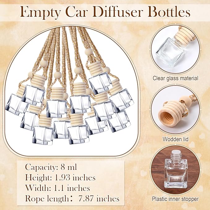 Boao 50 Sets Hanging Car Air Freshener Diffuser Bottles with 2 x 3.54 Inch Car Diffuser Instructions Cards for Empty Essential Oil Bottles(White Card,Cube)