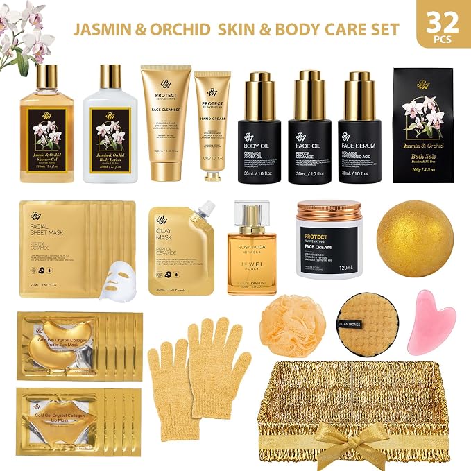 Gifts for Women, 32 Pcs Orchid Spa Basket Gift Set for Women, Self-Care Relaxation Kit, Hydrating Face Skin Care Gift Set, Bath & Body Care Set, Birthday, Christmas, Anniversary, Mother's Day, Wife