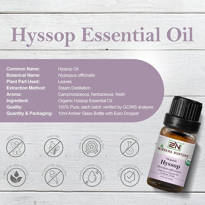 Hyssop Essential Oil, USDA Certified Organic, 100% Pure Undiluted, Aromatherapy Oil for Diffuser, Hair & Skin Care