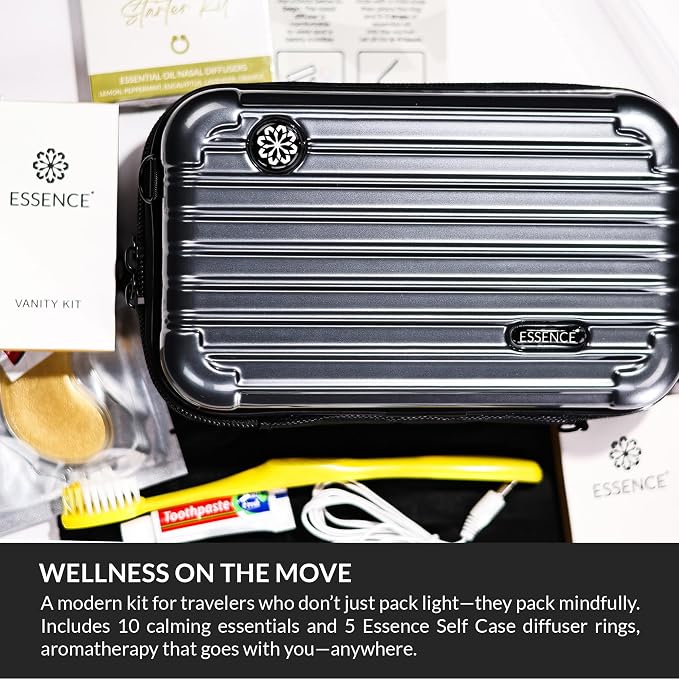 Essence Travel Amenity Kit | Travel Essentials & Travel Size Toiletries Kit | 5-Pack Nasal Diffuser Rings, Sleep Mask, Lotion & Hygiene Kit | Travel Toiletry Kit for Women | Gray Case