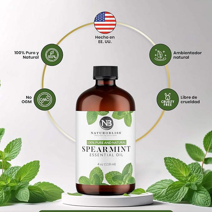 NaturoBliss Spearmint Essential Oil, 100% Pure and Natural Therapeutic Grade, Premium Quality Spearmint Oil, 4 fl. Oz - Perfect for Aromatherapy and Relaxation