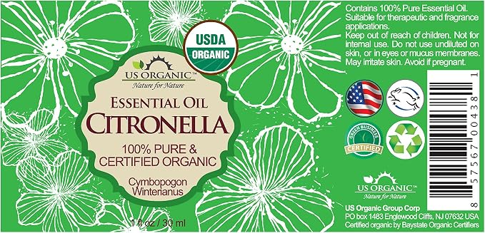 US Organic Citronella Essential Oil, USDA Certified, 100% Pure, 30 ml, Improved caps and droppers – Used for Skin Care, DIY Projects Like Candle Making and Much More