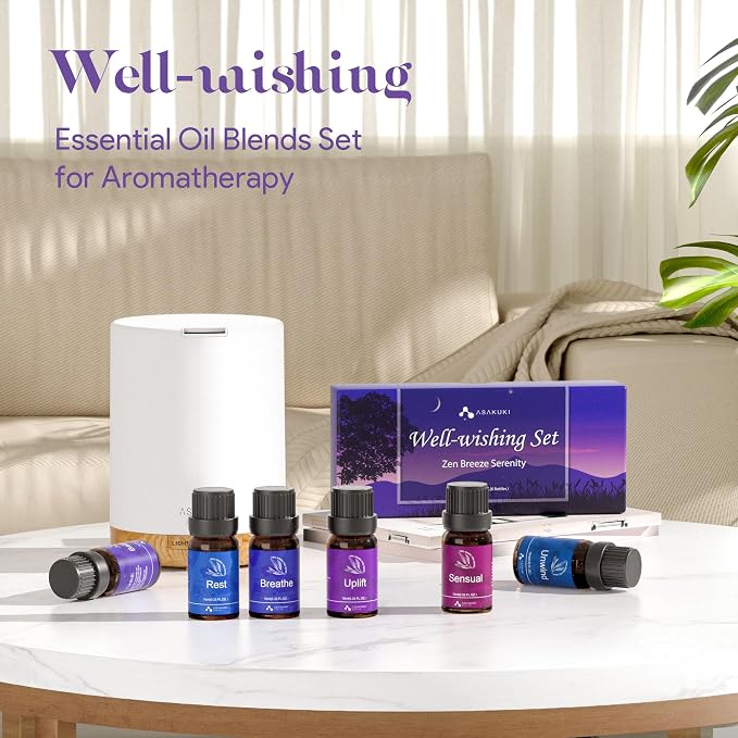 ASAKUKI Essential Oils for Diffuser –6 Mood Essential Oil Blends (Breathe, Uplift, Sensual, Balance, Unwind, Rest) for Morning to Night Rituals, Home & Daily Use-Thoughtful Gift