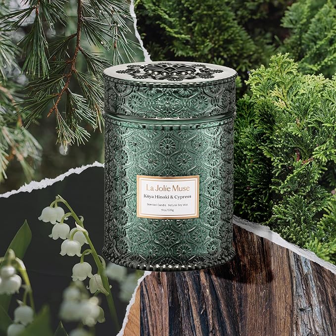LA JOLIE MUSE Hinoki & Cypress Scented Candle for Home | Pine & Cedarwood | Christmas Winter Holiday | 19 oz Non Toxic Natural Soy | Large Green Jar Candle | Luxury Gifts for Women & Men | Wood Wick