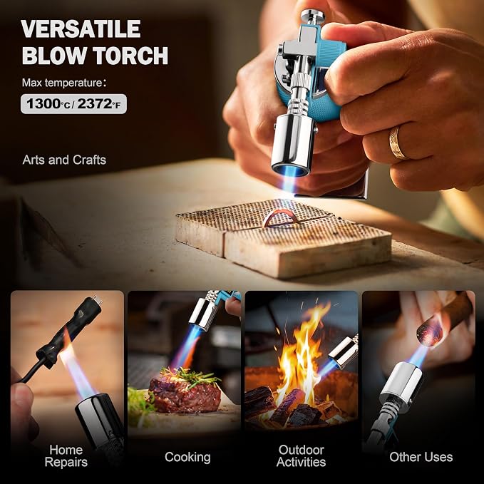 RAVS Butane Torch Lighter, Refillable Kitchen Torch with Adjustable Flame and Safety Buckle, Premium Metal Mini Torch for Baking, Soldering, Resin Art, Blue, Butane Not Included