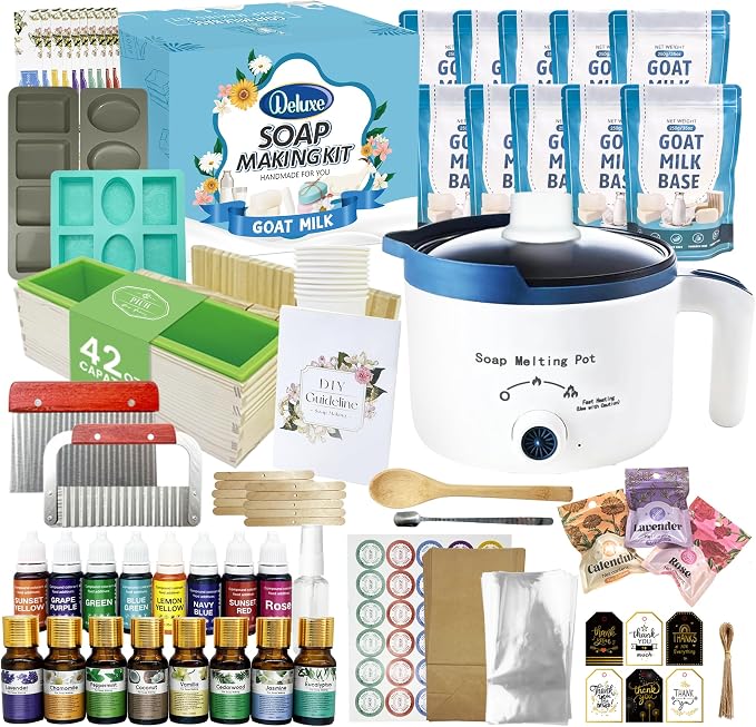 PIUH Deluxe Goat Milk Soap Making Kit for Adults, DIY Natural Soap Making Supplies Kit Included Soap Melting Pot, Goat Milk Soap Base, Dyes, Essential Oils and Supplies for Making Soaps Gift