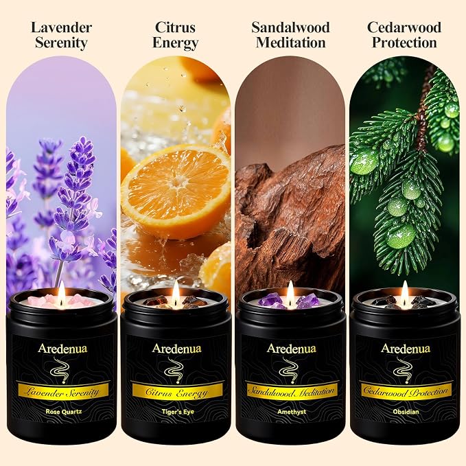 Scented Candles Set, 4 Pack Crystal Healing Candles with Rose Quartz Amethyst Tiger Eye Obsidian, 7oz Natural Soy Wax Candles, Lavender Citrus Sandalwood Cedar, Meditation Gifts for Women Men