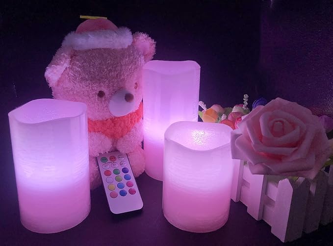 Adoria Pink Flameless LED Candles Set of 3-Real Wax Pillar Candles with Rose Scented Remote and Timer, Dia3xH4/5/6 Inch for Wedding,Party,Gift