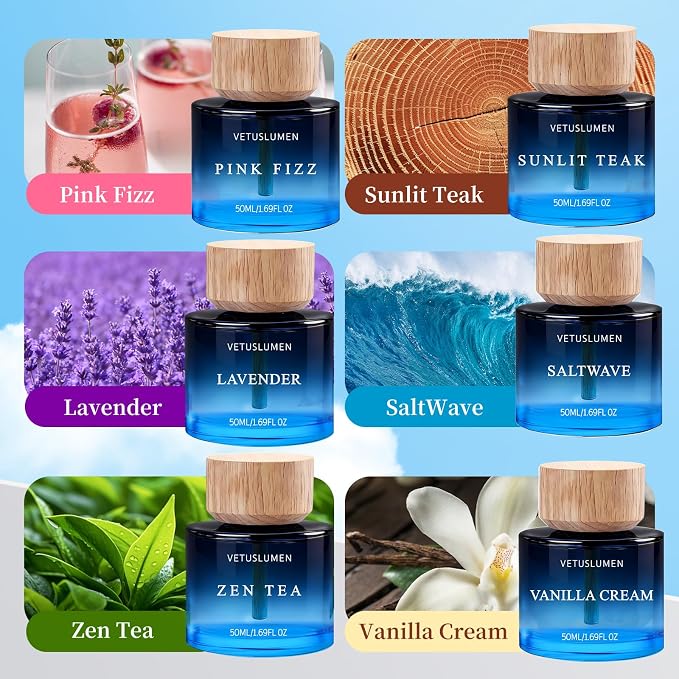 6 Pack Car Air Freshener, 50ml (1.7fl oz) / Each Large Capacity Air Freshener Diffuser Set, Natural Essential Oil Fragrance Aromatherapy, Long-Lasting Scent for Car Cup Holder Accessories