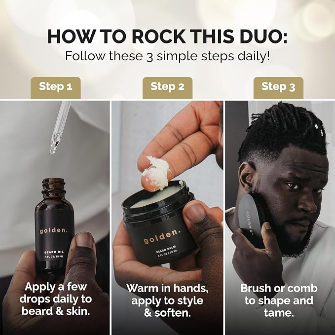 Golden Grooming Beard Travel Kit for Men - TSA Friendly 4-Piece Grooming Set - Natural Beard Growth Oil & Balm Travel Essentials - Shea Butter Softener for Black Men
