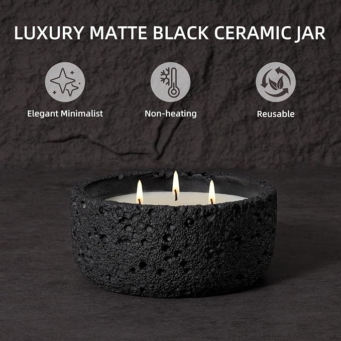 Viyffo Large 3 Wick Scented Candle – Sandalwood & Lavender, 20oz Non Toxic Soy Candles for Women & Men, Matte Black Ceramic Jar Perfect Calming Home Fragrance, Elegant Room Décor & Premium Gift