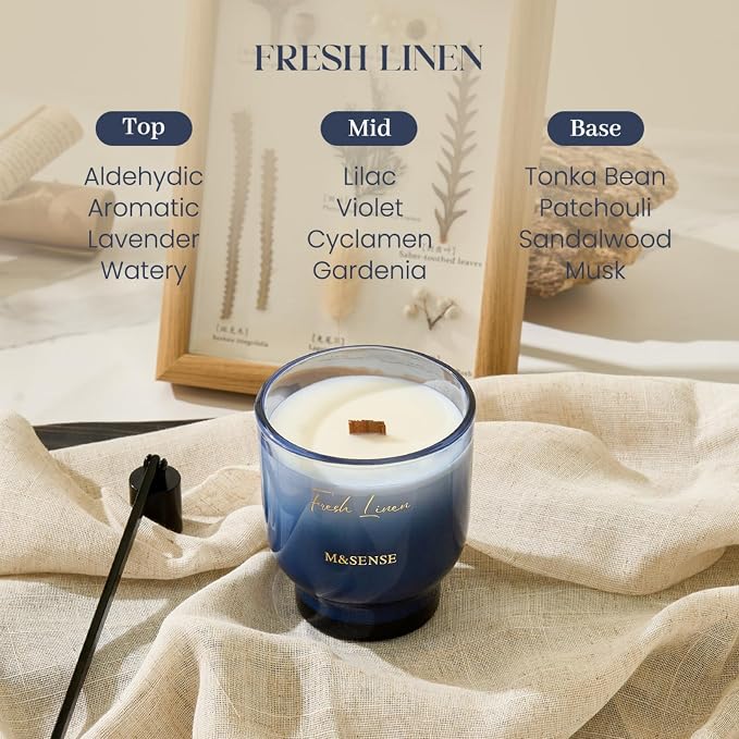 M&SENSE 9.9oz Natural Soy Wax Jar Candle with Wooden Wick | Fresh Linen Scent | 55-Hour Burn & Long-Lasting Burn | Housewarming Gift for Men and Women