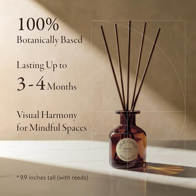 Soréva Luxury Reed Diffuser Set, Calm Sandalwood Cedar Musk, Plant-Based Essential Oils, 120 Days Mindful Aromatherapy Home Fragrance, Bedroom & Office, Gift Set, 7 Sticks, 4.39 fl oz