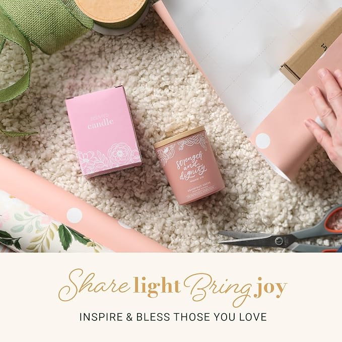 Christian Art Gifts Soy Wax Scented Candle: Strength & Dignity Bible Verse, Grapefruit Grove Scent, Pure Essential Oils, 4.5 oz, Up to 20 Hours Burn Time, Glass Jar w/Bamboo Lid, Encouragement Gift