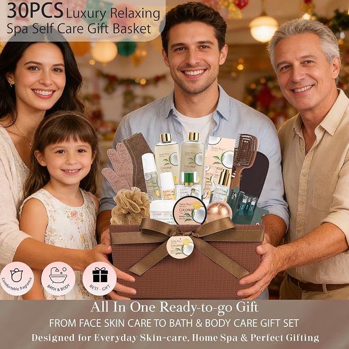 30 Pcs Bath and Body Gift Basket Set for Women & Men, TEA TREE COCONUT Face Skin Care Kit, Self-Care Gift, Pamper Kit, Foam Hand Soap, Nail Manicure Care Set, Birthday, Christmas, Mother, Husband