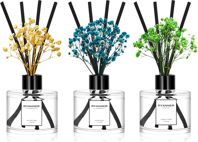 Reed Diffuser Set of 3 Pack,Cashmere Vanilla/Sea Salt&Sage/Ocean Breeze Scented Oil Diffuser with Sticks(1.7 fl oz Each Pack),Air Freshener for Bedroom Bathroom Office | Shelf Decor