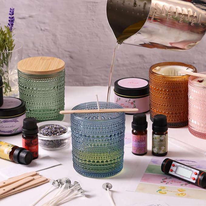 DARJEN Candle Making Kits for Adults - Candle Making Supplies with 4 Candle Jars(Blue, Pink, Amber, Green), Candle Tins, Soy Wax, Scents, Dried Flower & More, DIY Starter Candle Making Kit Home Decor