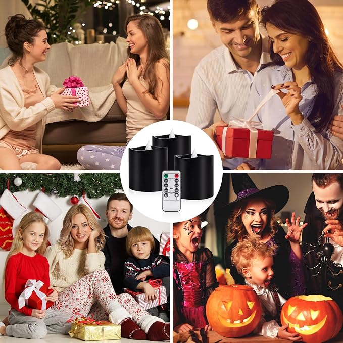 3inch Black Pillar Flameless Candles - 3D Flickering, Remote Timer, Battery Operated, 600+ Hours, Halloween & Gothic Themed Decor (Black, 3"*3"-3pcs)
