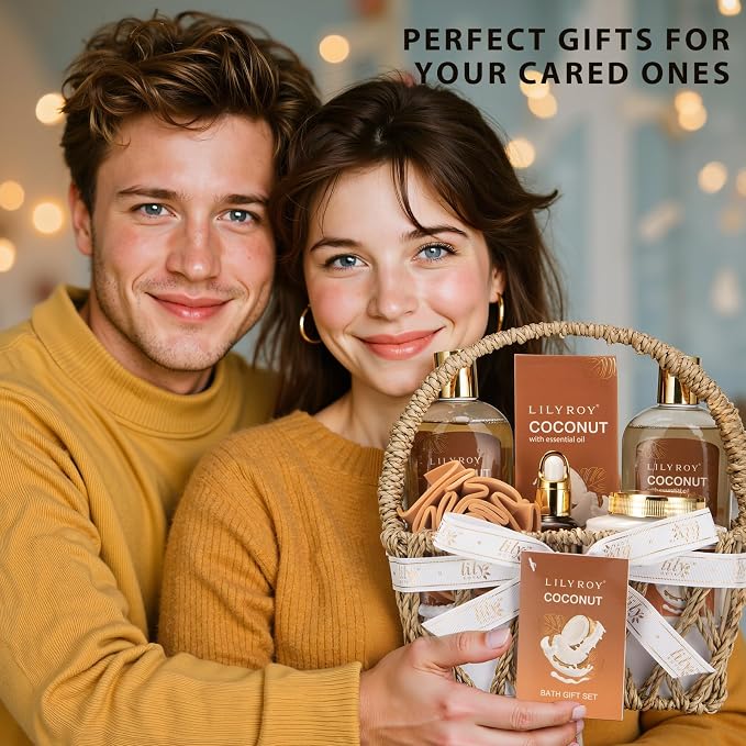 Coconut Spa Gifts Bath Kit, 7Pcs Moisturizing Spa Gift Basket for Women & Men