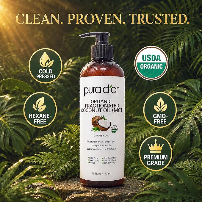PURA D'OR ORGANIC Fractionated Coconut Oil MCT Oil (16 Oz) 100% Pure & Natural USDA Certified