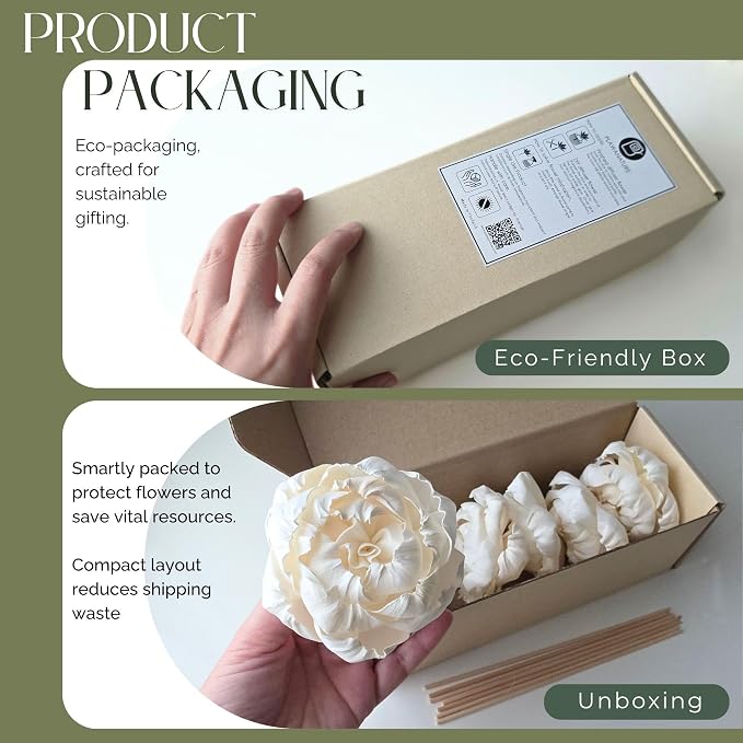 6pcs White 3" Peony Brides Dream Sola Wood Flower Diffuser with Reed Sticks for Home Fragrance Essential Oil DIY Decor