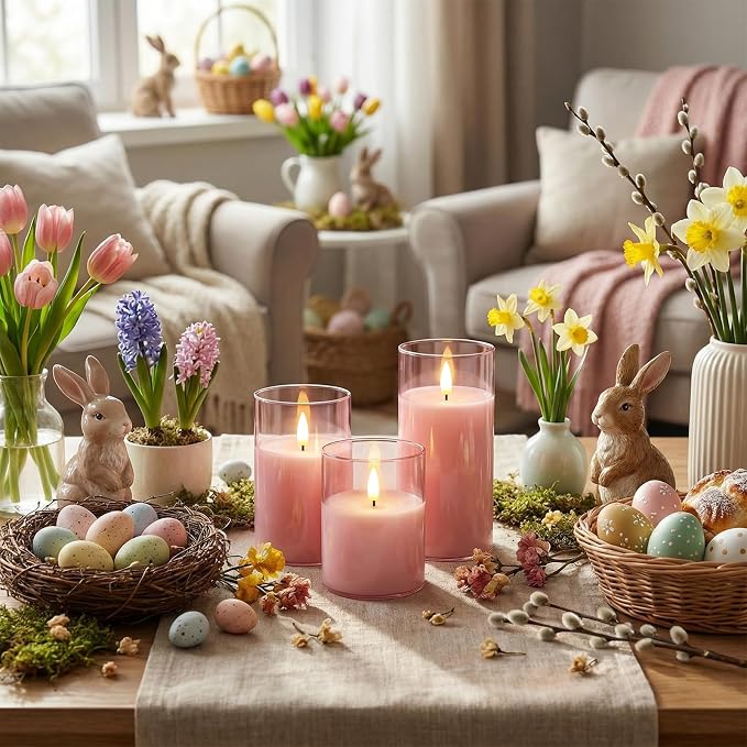Homemory Pink Glass Flameless Candles, Battery Operated LED Pillar Candles with Remote & Timer, Real Wax Flickering Candles, Romantic Decorative Lights for Home Wedding Party, Set of 3