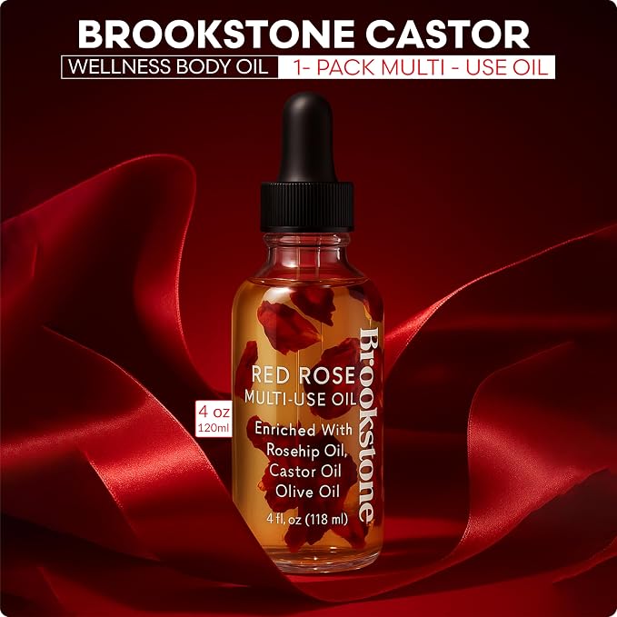 Brookstone Red Rose Multi-Use Essential Oil for Hair, Face & Body - Deep Floral Rose Aroma, Enriched with Rosehip, Castor & Olive Oils (4 fl oz / 118 mL)