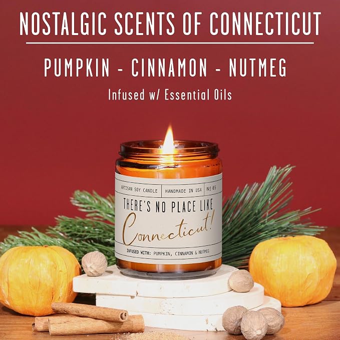 Connecticut Gifts, Connecticut Decor for Home - 'There's No Place Like Connecticut Candle, w/Pumpkin, Cinnamon & Nutmeg I Connecticut Souvenirs I Connecticut State Gifts I 9oz Jar, 50Hr Burn, USA Made