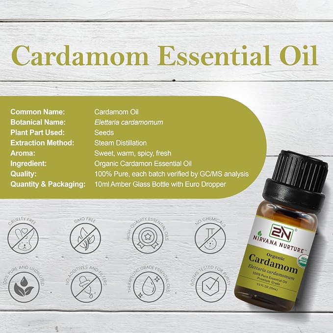 Cardamom Essential Oil, USDA Certified Organic, 100% Pure Undiluted, Aromatherapy Oil for Diffuser, Hair & Skin Care