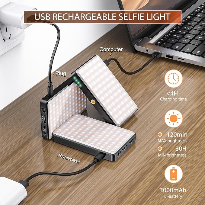 120 LED Video Light, Portable USB Photo Light Dimmable 2500-9000K CRI 95+ 5000mAh Battery with Tripod with Colored Filters and Clip, Photo Lamp for Phone/iPad/Camera