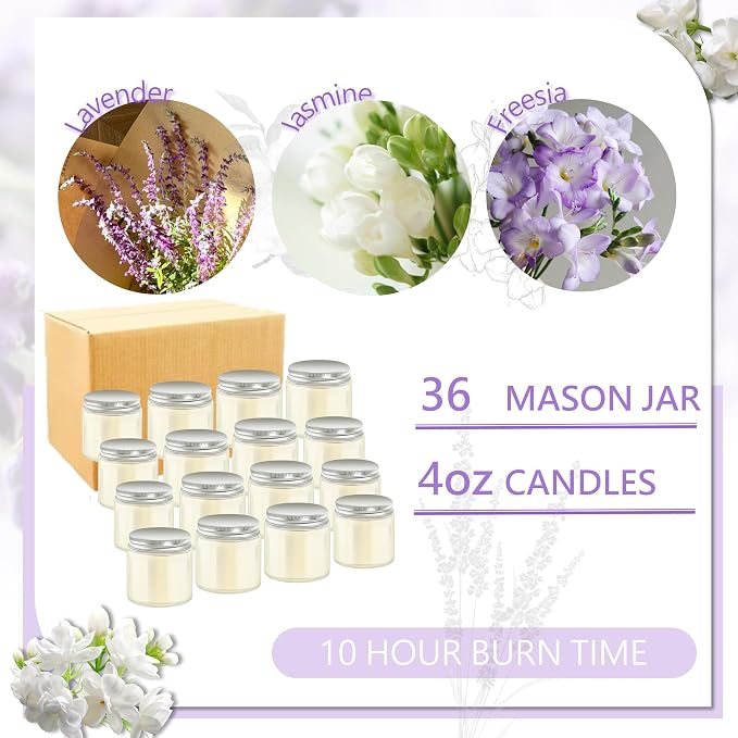 ACITHGL 36 Pcs 4oz Mini Mason Jar Candles Small Scented Candles Bulk Aromatherapy Ideal Souvenir Favors for Wedding Birthday Party (Freesia, Lavender, Jasmine, Silver)