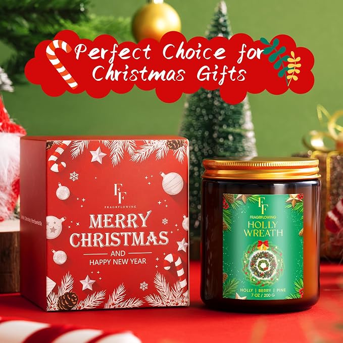 Christmas Candle, Holly Wreath Scented Candles for Home, Holiday Candles Natural Soy Candle, Aromatherapy Candle 7 oz Jar Candles Christmas Gifts for Women Men