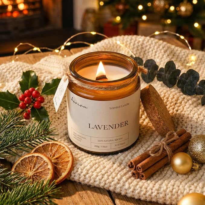 Scented Candle, 7.05 oz Lavender Aromatherapy Candle, Natural Soy Wax with Wooden Wick, Candles for Home Scented, Stress Relief Amber Jar Candle Gifts