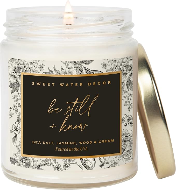 Sweet Water Decor Be Still and Know Candle, Sea Salt, Jasmine Cream, and Wood Scented Soy Wax Candle for Home, Christian Gift for Women, 9oz Clear Jar, 40 Hour Burn Time, Made in the USA