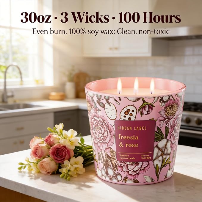 Freesia Rose Scented Candle, 30oz 3-Wick Natural Soy Wax, Up to 100 Hours Long-Lasting Clean Burn, Non Toxic Large Jar Aromatherapy Candle, Freesia Rose, Gifts for Women