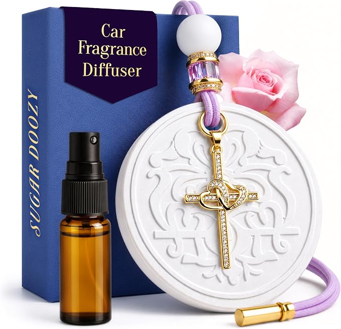 Luxury Car Air Freshener for Women - Refillable & Portable Luxury Fragrance Diffuser - Cute Car Accessories & Interior Decor - Mirror Hanging or Vent Clips - Two Hearts Cross, Rose Scent